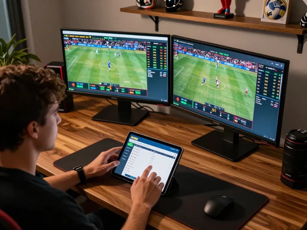 Engaged player utilizing the GO88 app for online sports betting, showcasing a competitive gaming setup