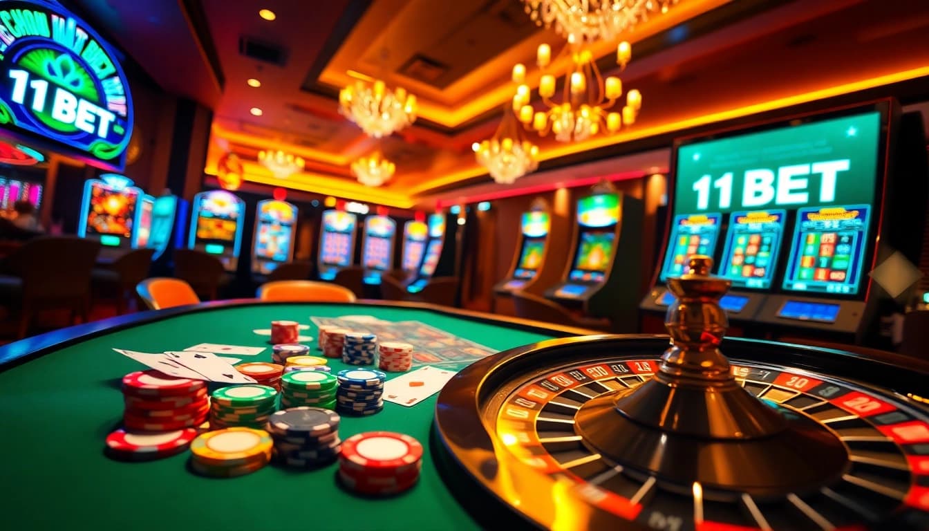 Engage with 11BET's dynamic online casino environment featuring exciting gambling activities and vibrant visuals.