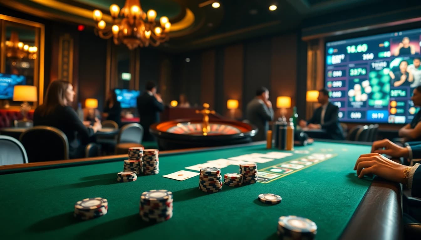 Players engage in strategic poker play at a luxurious casino table, featuring gilajp elements.
