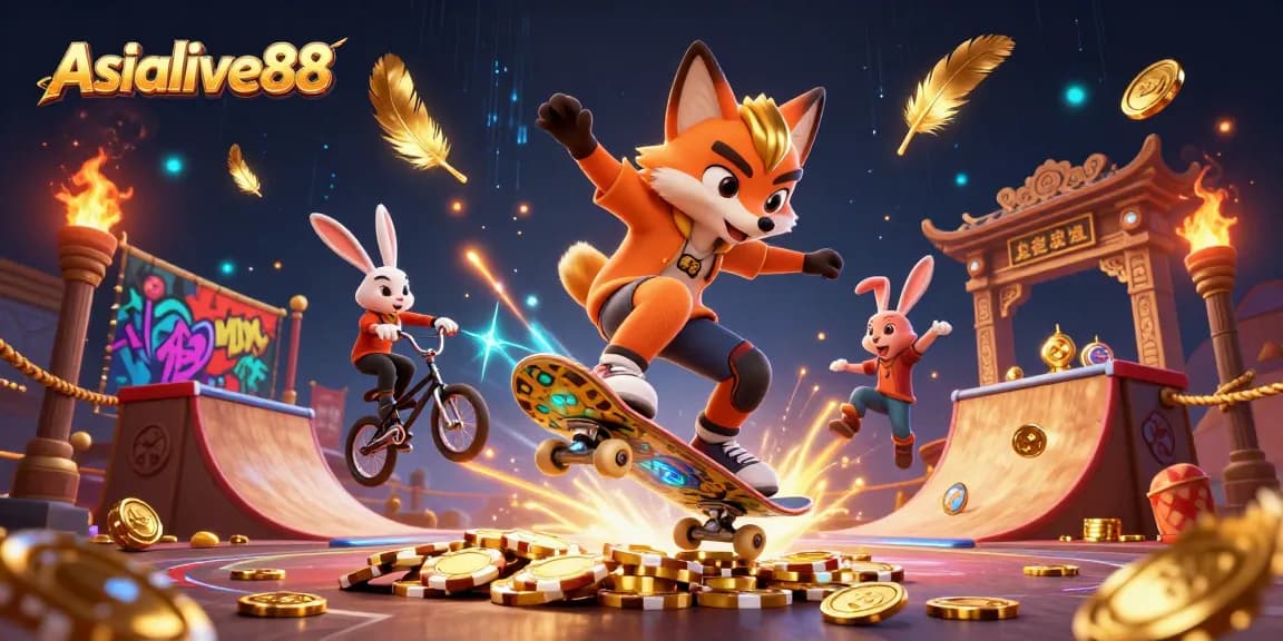 Engage with Asialive88's thrilling casino adventure featuring a skateboarder fox and BMX rabbit!