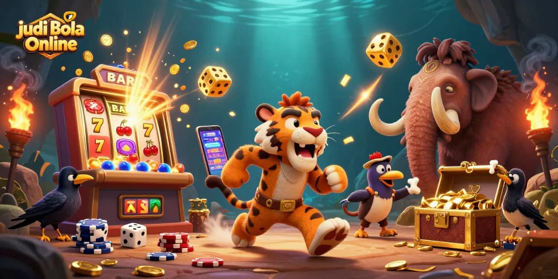 Experience the excitement of judi bola online with a vibrant prehistoric casino scene.