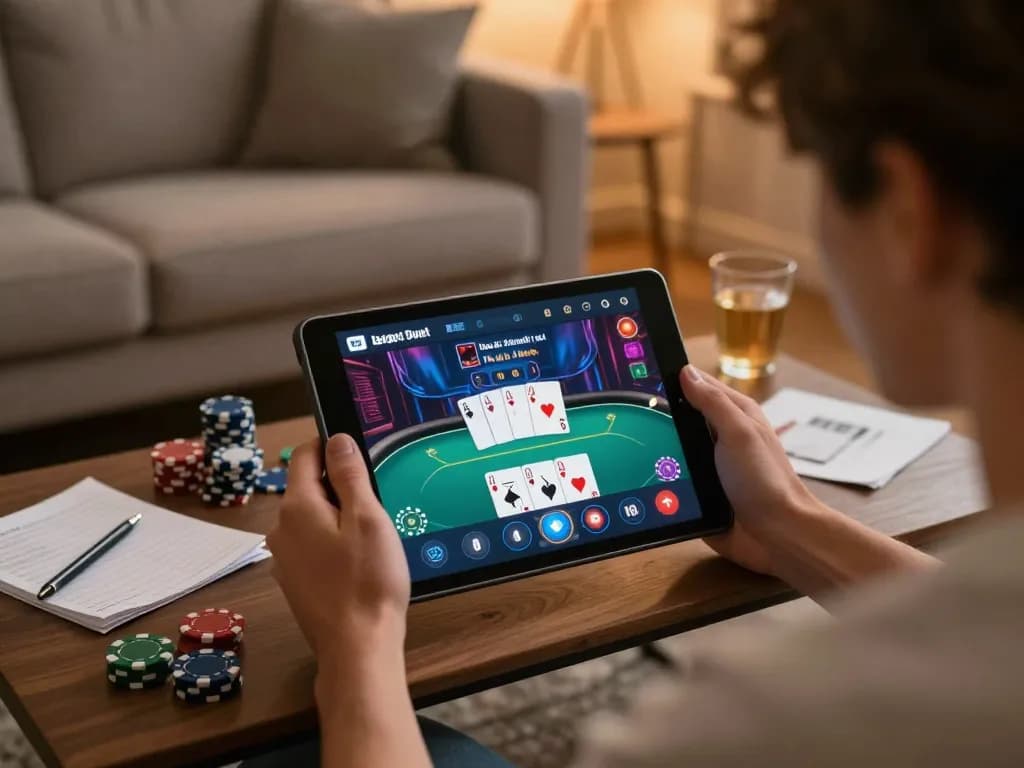 3win player engaging in an online poker game, showcasing a strategic moment in a cozy home setting.
