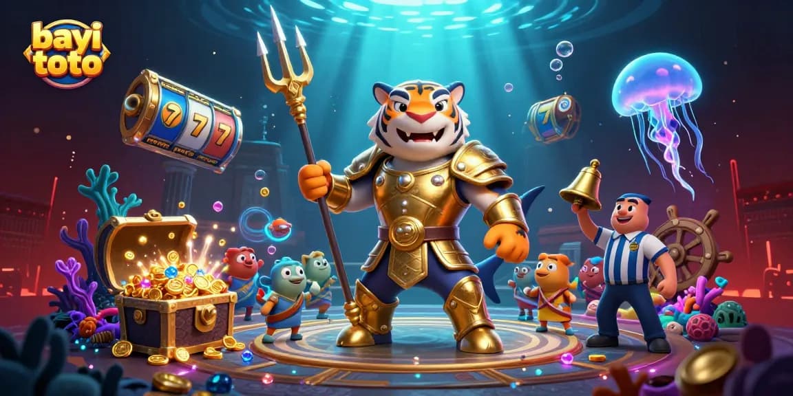 Bayi toto showcases a thrilling underwater casino scene with vibrant slot reels and an animated tiger shark.