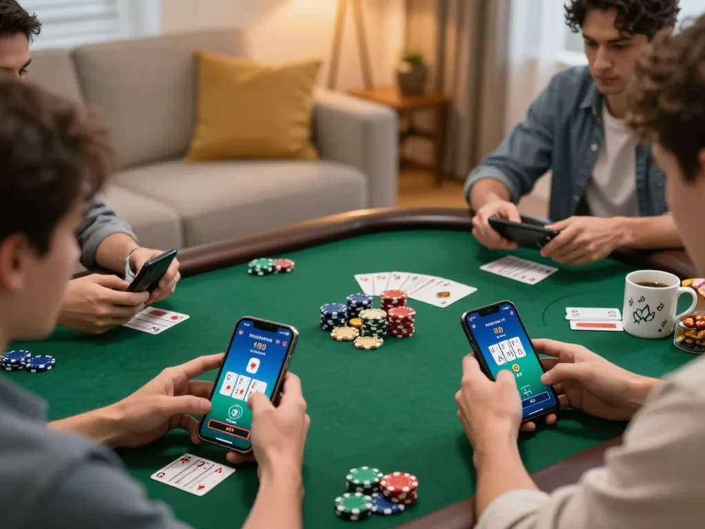 Players enjoying online poker with okfun app on mobile devices in a cozy home setting