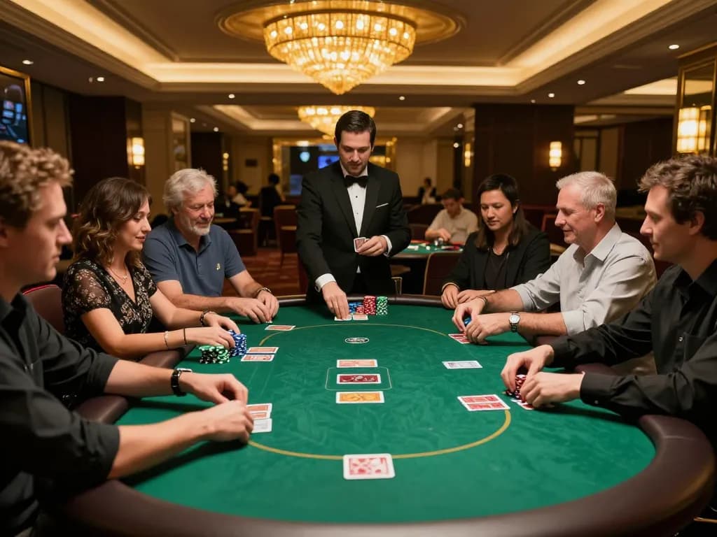 Experience the thrill of ดูหนัง while playing poker in an upscale casino environment, players engrossed in the game.