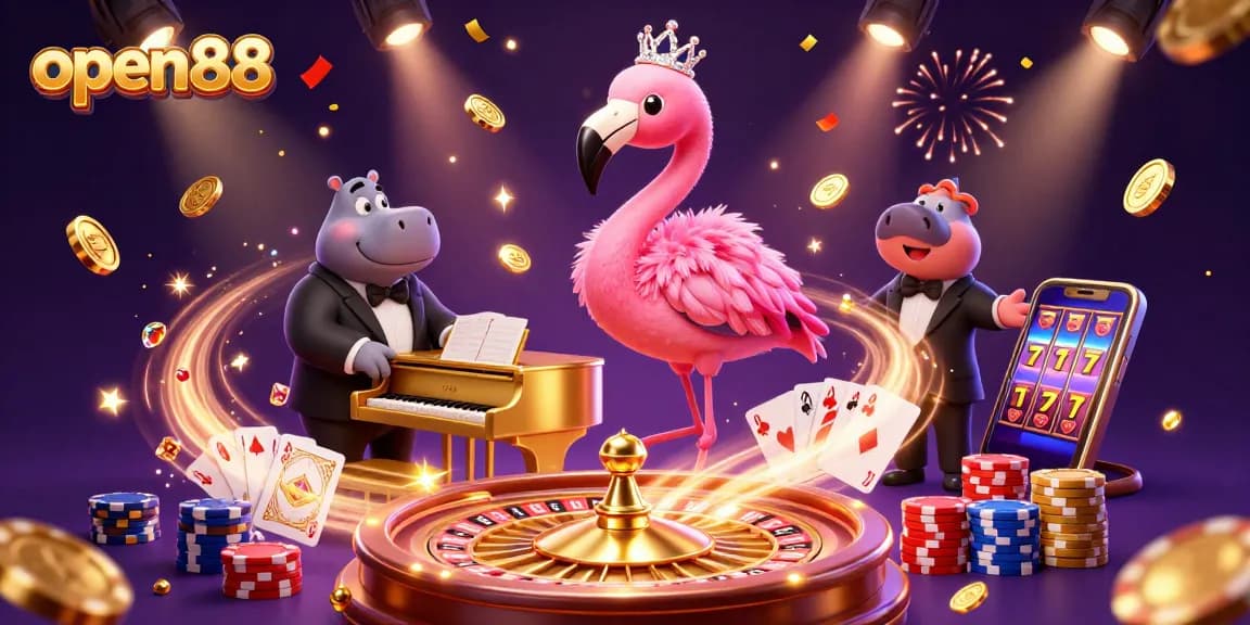 Experience exciting gaming with open88 as flamingo singer and hippo bassist perform at a vibrant casino.