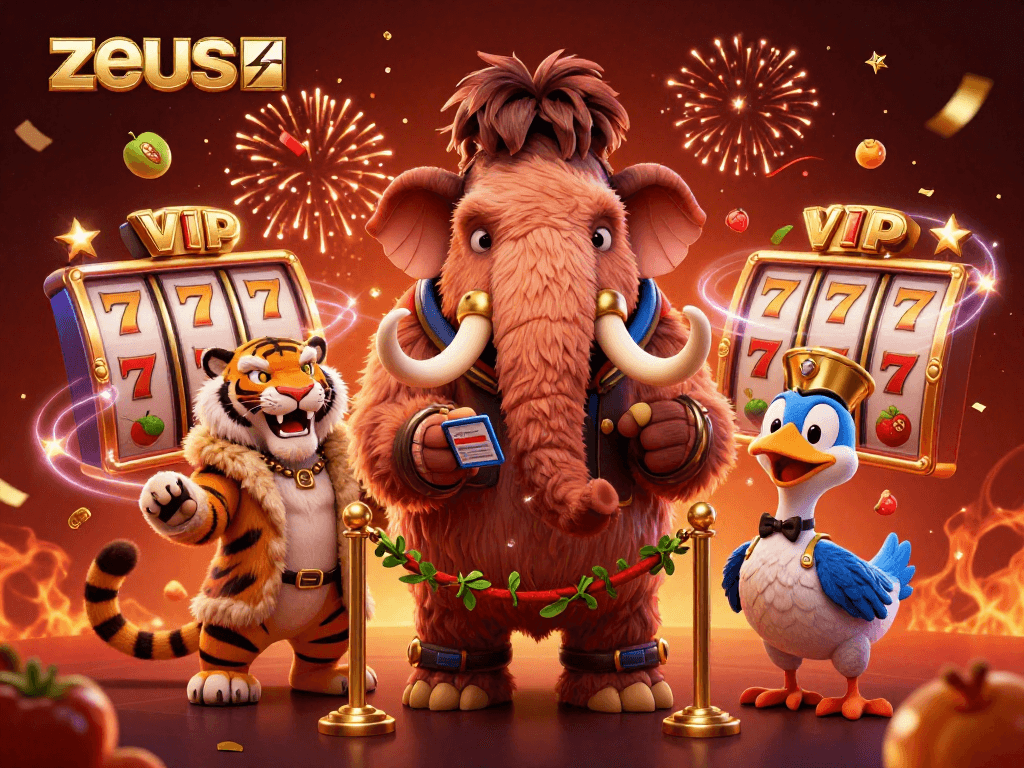 Experience the excitement of Zeus slots with a vibrant bouncer, VIP guest, and stunning jackpot imagery.
