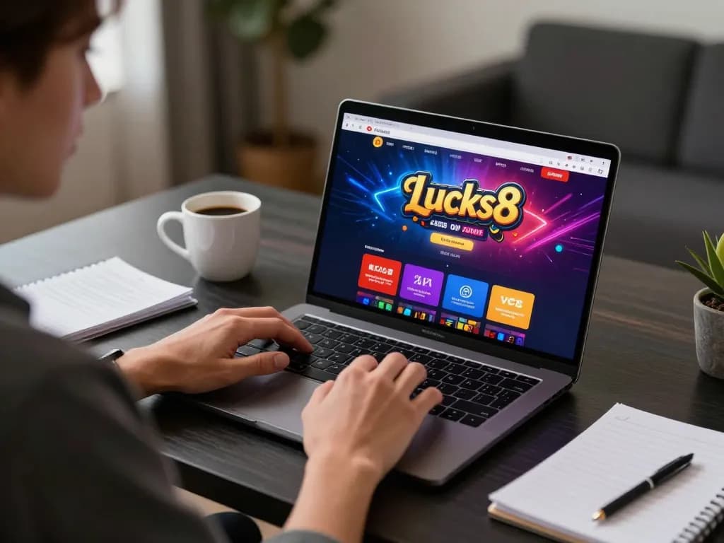 Người chơi Lucks8 tương tác với ứng dụng casino trên một chiếc laptop thời trang, thể hiện một bối cảnh chơi game tại nhà đầy năng động