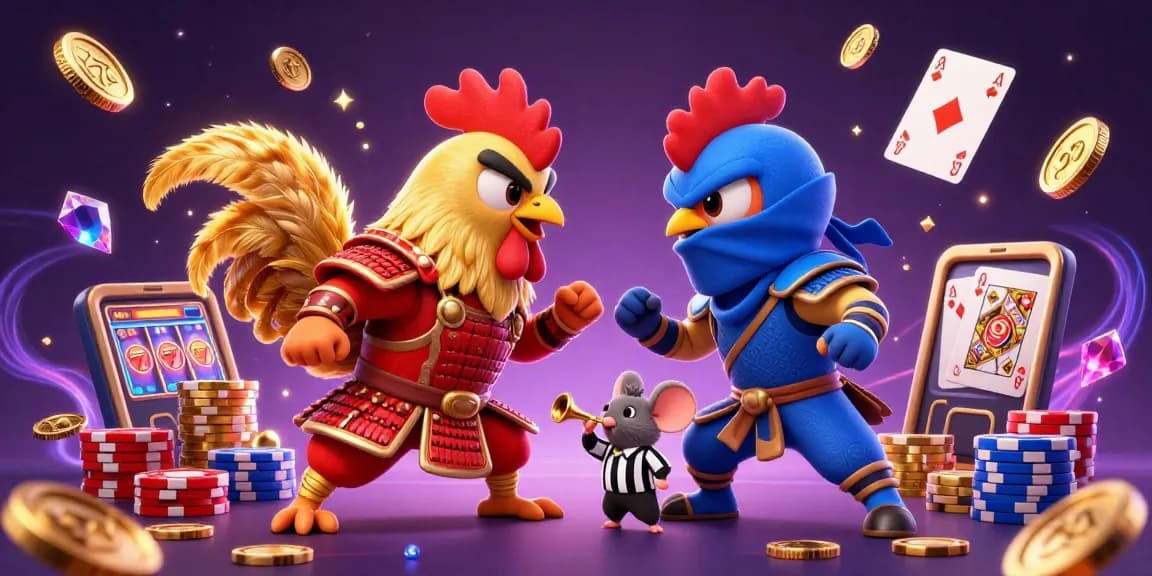 Slot online: Ayam jantan bertarung di arena kasino dengan tumpukan koin emas dan kartu bermain lainnya.