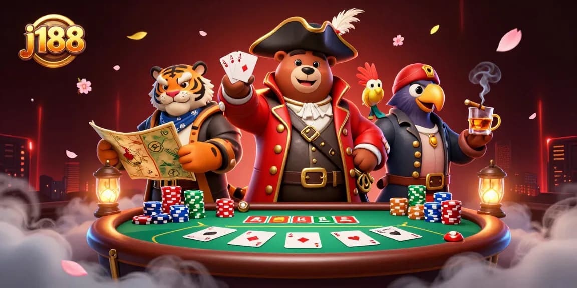 Engage with j188's vibrant casino scene featuring a pirate bear, tiger, poker elements, and festive atmosphere.