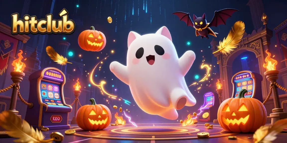 Engage with hitclub's thrilling gaming scene featuring floating ghost cat and vibrant casino elements.
