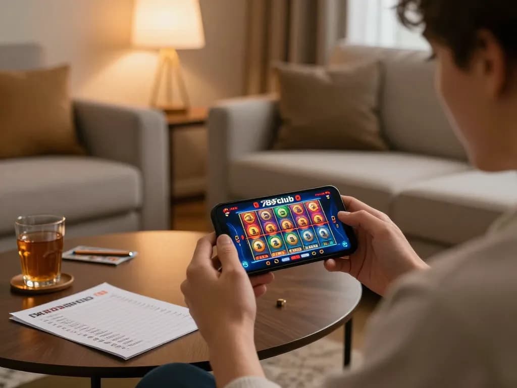 Player enjoying gaming session on 789club mobile app with strategic notes in modern home.