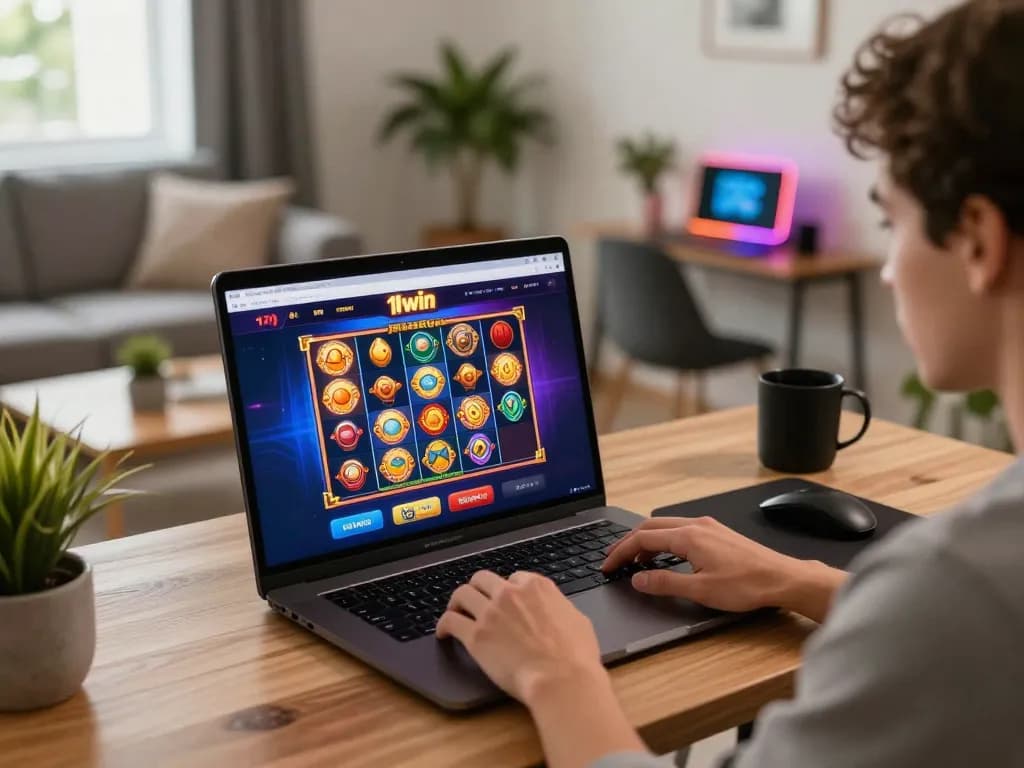 Engaging gaming session on 11win platform showing dynamic slots and interactive features in a cozy home.