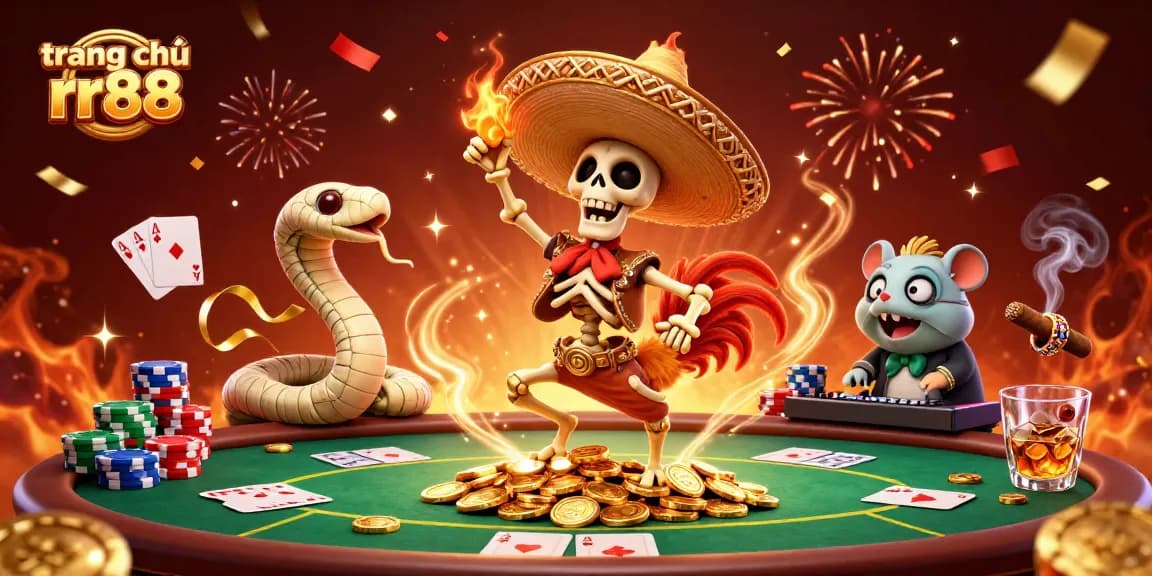 Experience vibrant gaming action at trang chủ rr88 with a lively 3D illustration featuring a dancing mariachi rooster.