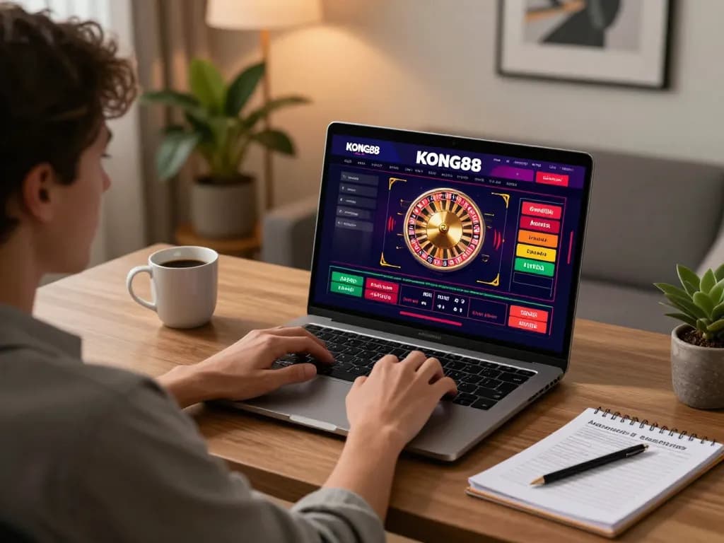KONG88 online casino gaming with a player engaged in a live roulette game at home desk.