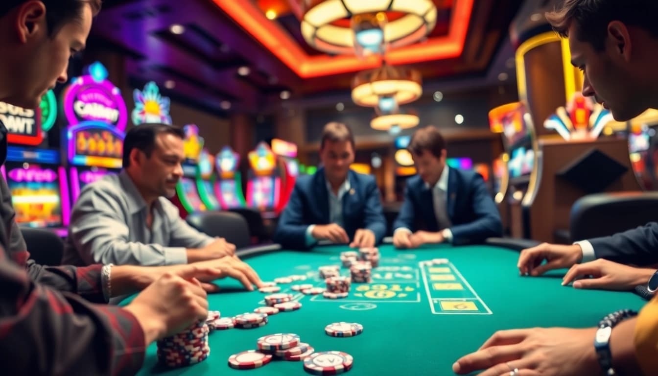 Permainan tariantoto menarik perhatian di meja poker dengan suasana kasino yang hidup.