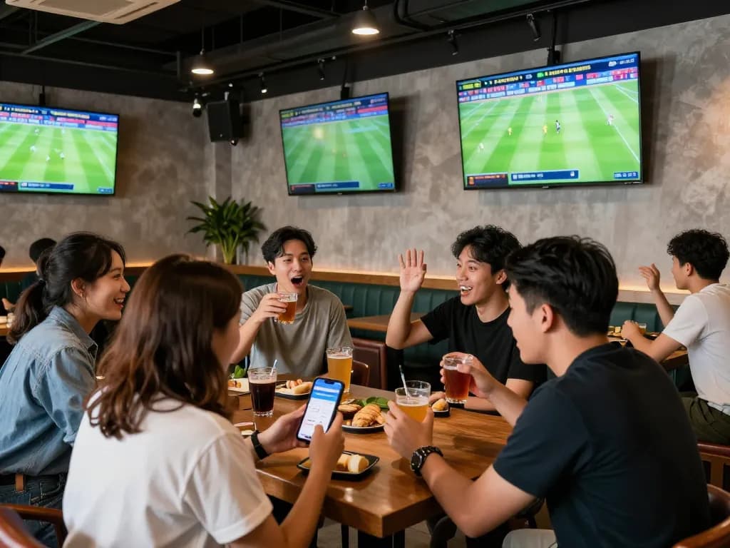 Friends enjoying sports betting and viewing keonhacai odds together in a lively atmosphere.