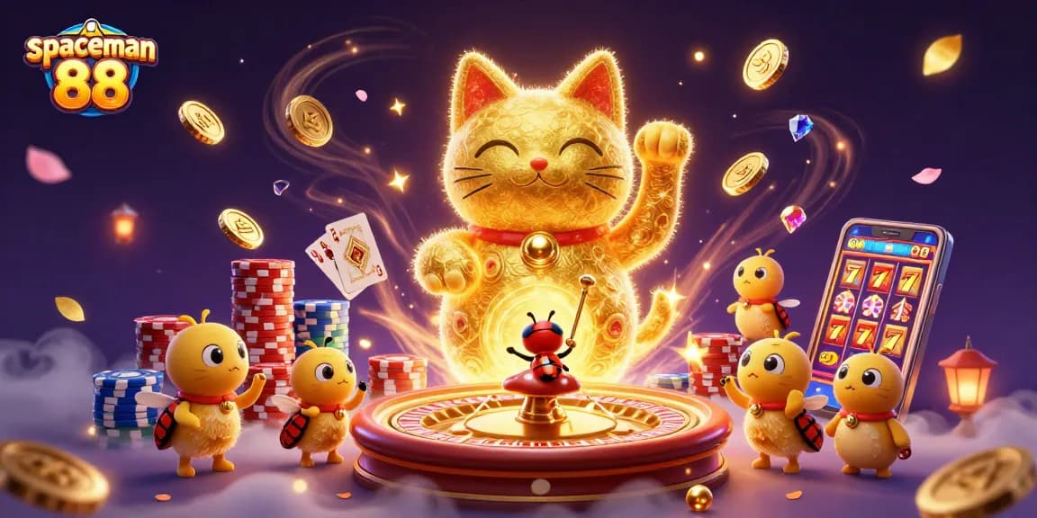 Experience thrilling wins with spaceman 88 in this exciting 3D casino illustration featuring vibrant slots and lucky charms.
