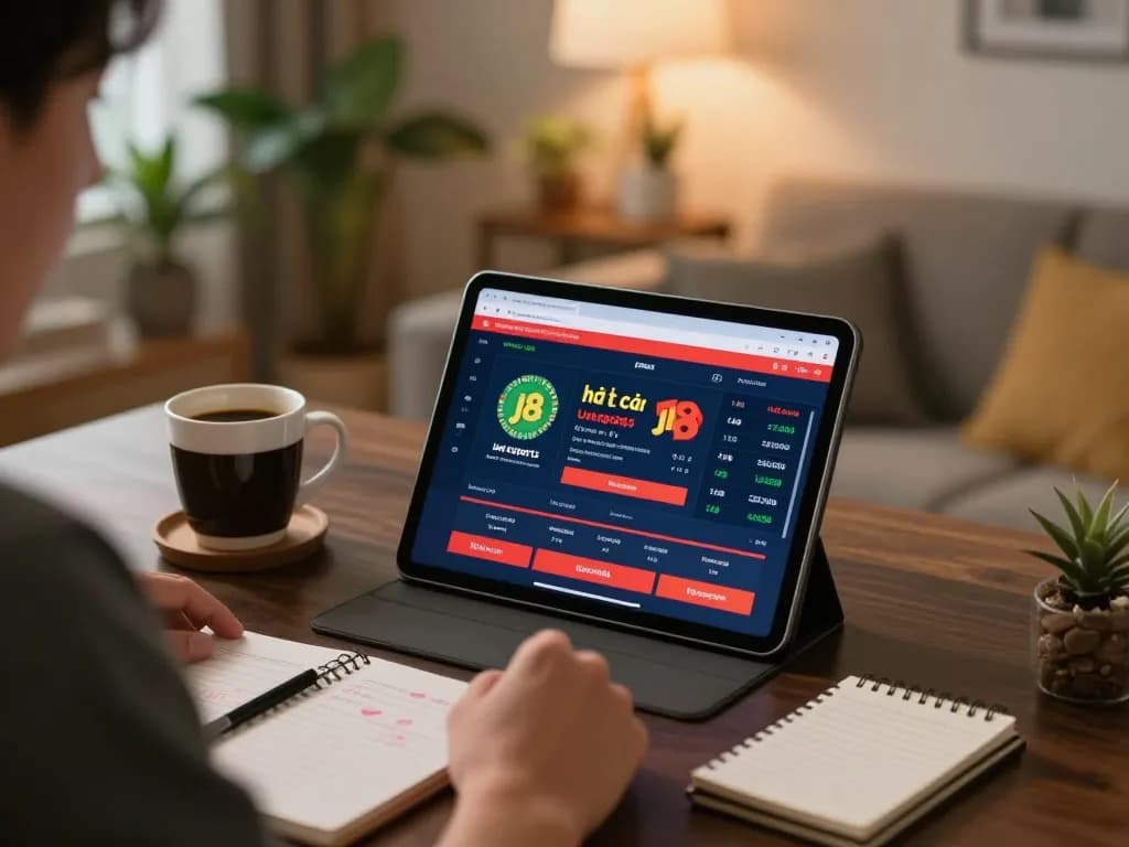 Engaged player on tablet with nhà cái gi8 sports betting interface, reflecting strategic gameplay in a cozy home setting.
