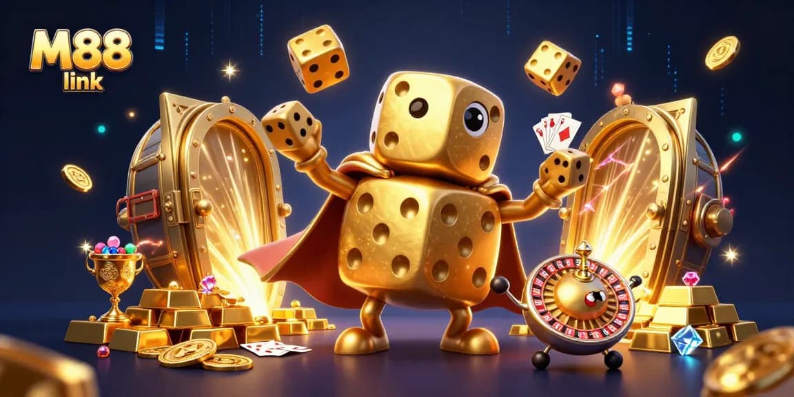Experience thrilling action with M88 link in this vibrant casino illustration showcasing exciting gaming elements.