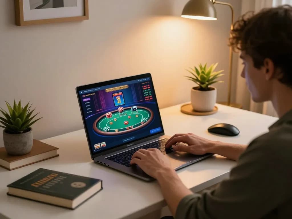 Engaging online poker session with user focusing on ทางเข้า m114 gaming strategy in a cozy home office