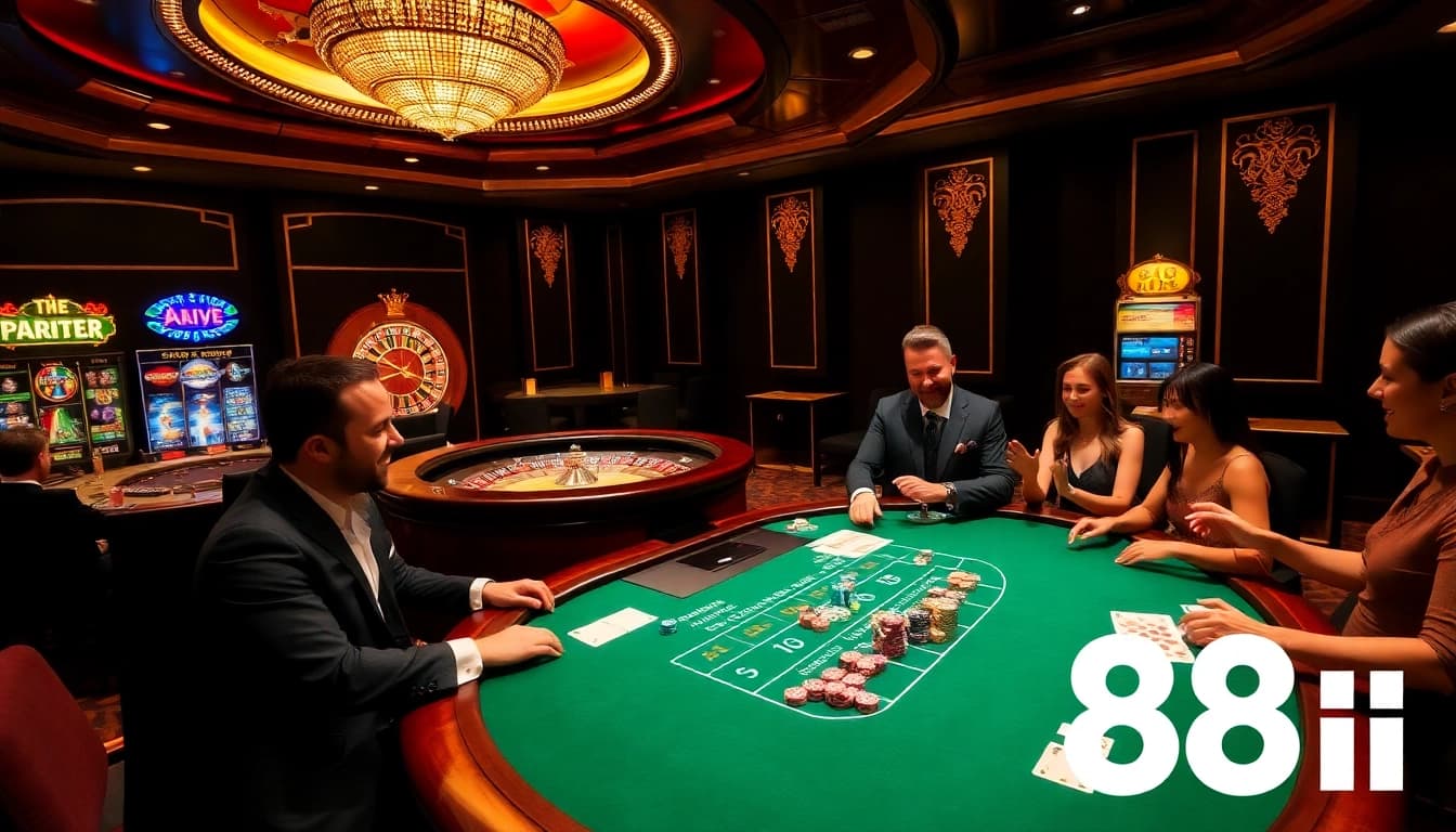 Players engaging in a thrilling blackjack game at 88i, showcasing excitement and skill in a luxurious casino.