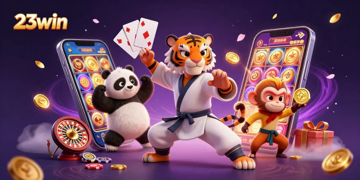 23win showcases a dynamic casino scene with a kung fu tiger master and gaming elements in action.