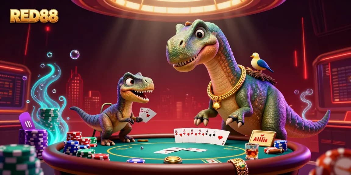 Experience RED88's vibrant gaming action with a dinosaur dealer and poker table in a dynamic casino scene.