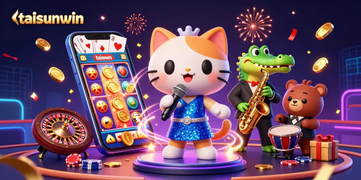 Join the fun at taisunwin with a festive casino scene featuring lively characters and vibrant game elements.