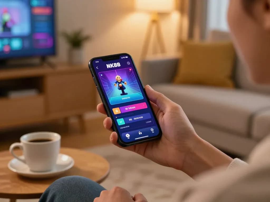 Engaging with the NK88 mobile app for online betting in a cozy living space.