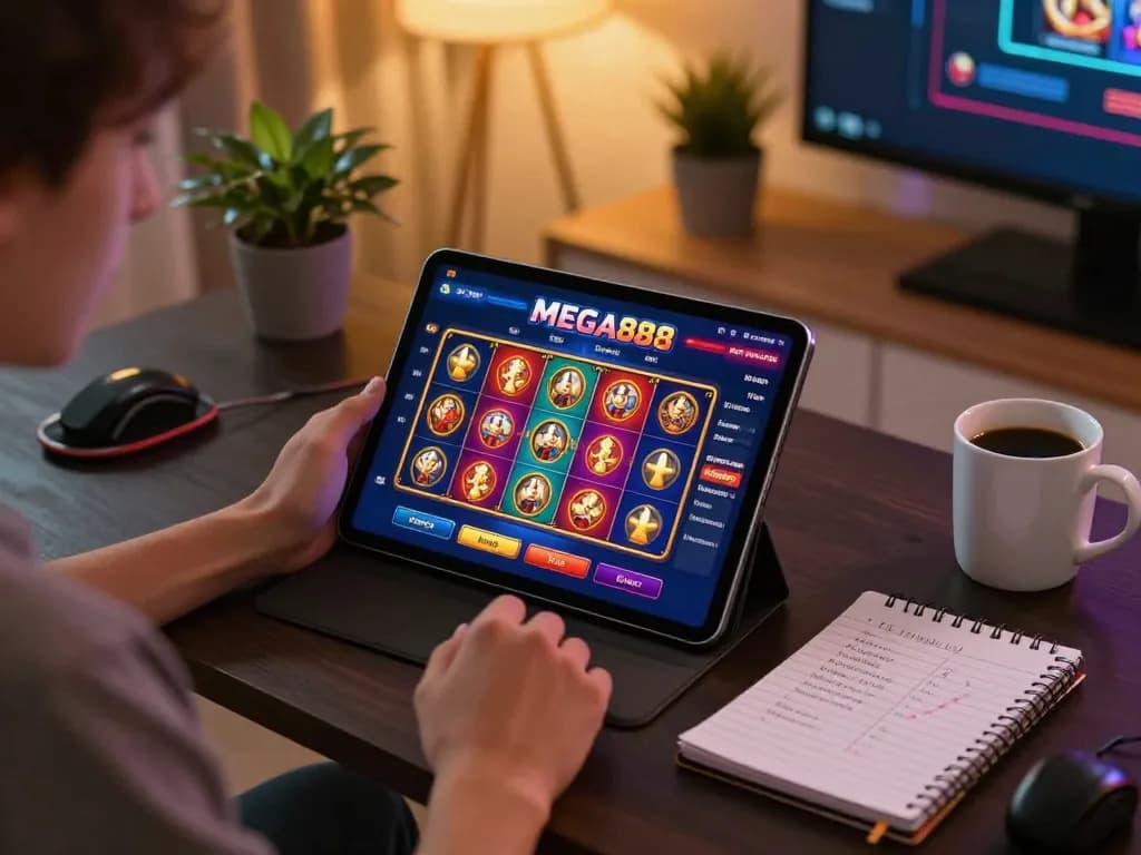 Engaging in online gaming with MEGA888 on a tablet in a cozy home setting, showcasing responsible gambling.