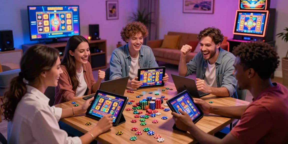 Friends enjoying digital bonus buy slots on tablets and screens during a lively gaming session.