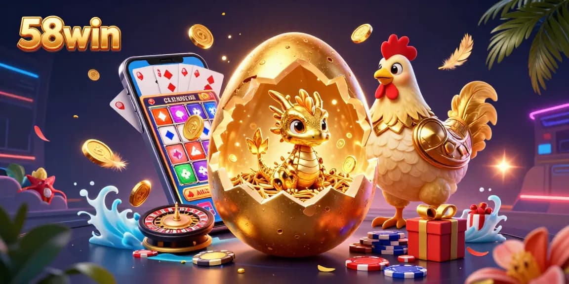 Experience thrilling gaming at 58win with a sparkling scene of a golden dragon and casino elements.