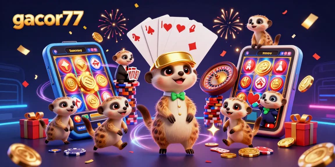 Gacor77 menampilkan koloni meerkat yang memimpin operasi kasino online yang sibuk dengan banyak permainan dan chip.