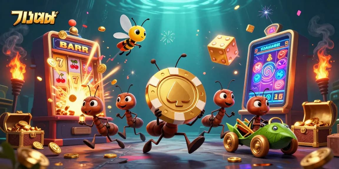 แทงบอล action with a heist of ants carrying oversized poker chips amidst explosive casino elements in a vibrant scene.