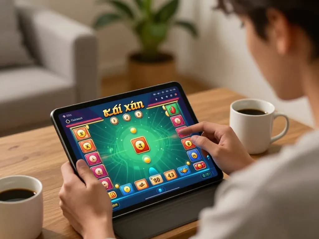 Engaging in app tài xỉu online gameplay on a tablet in a cozy home atmosphere.
