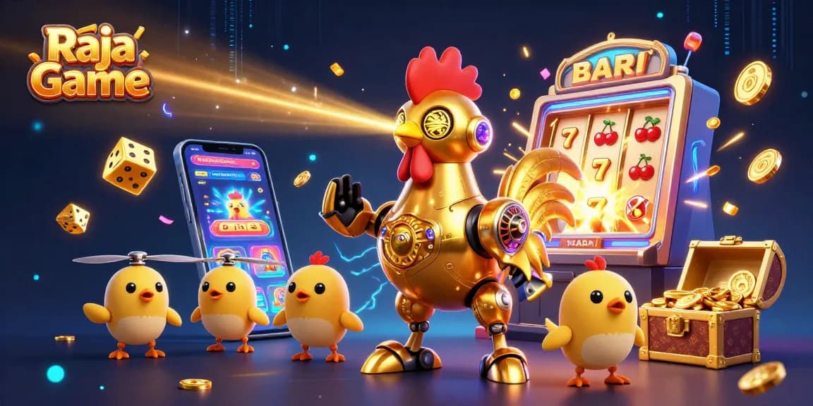 Experience the thrilling Raja Game with a vibrant 3D illustration featuring a golden rooster robot amidst casino games and rewards.