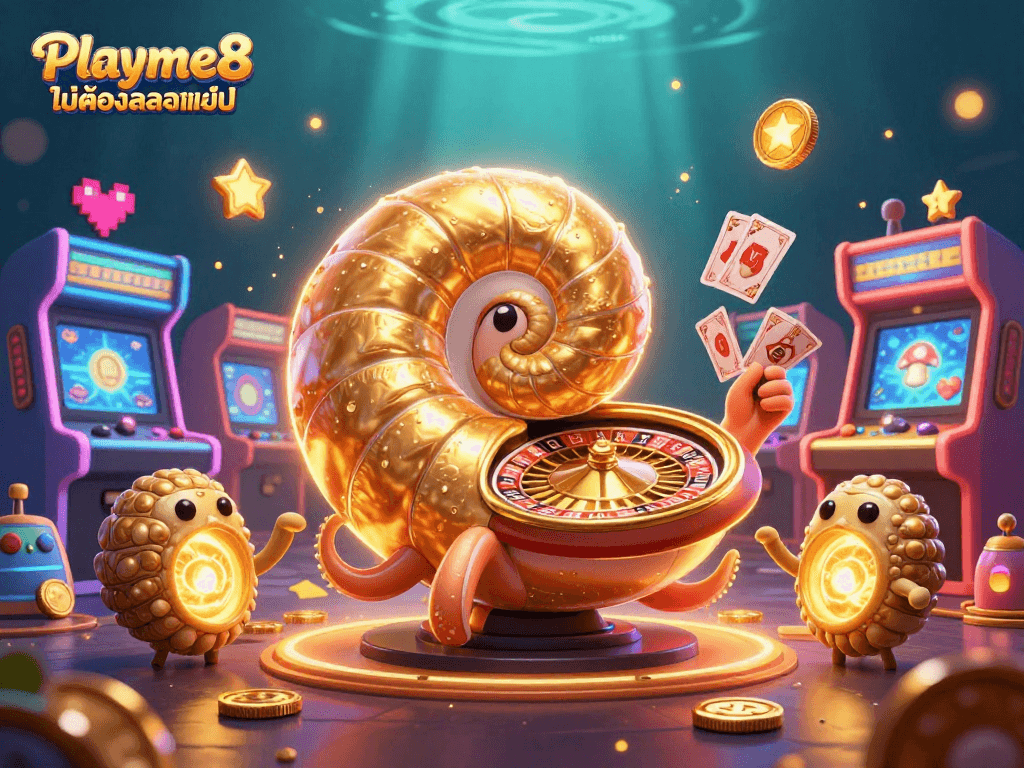 สนุกกับ Playme8 ไม่ต้องโหลดแอป ในฉากคาสิโน 3D ที่มีนอติลุสยักษ์ถือไพ่และโบนัสสดใส