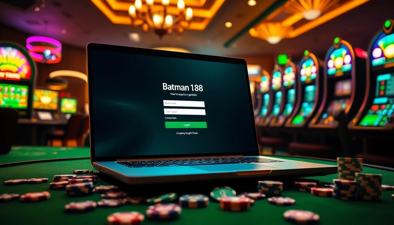 Experience the thrill of Batman138 login with vibrant slot machines and casino chips.
