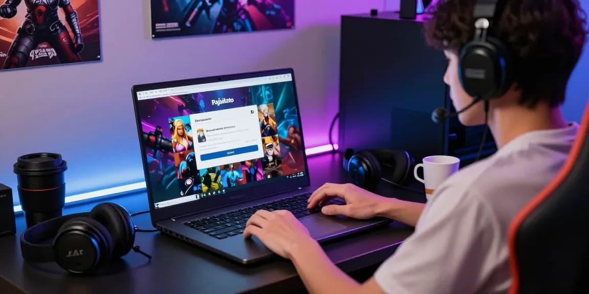 User interacting with Pajaktoto login interface on a laptop in a vibrant gaming setup with colorful graphics.