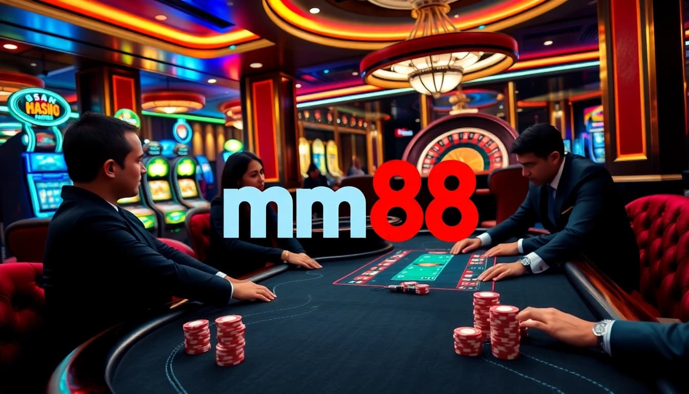 Capture the excitement of mm88 casino with players engaged at a high-stakes poker table amidst vibrant gaming ambiance.