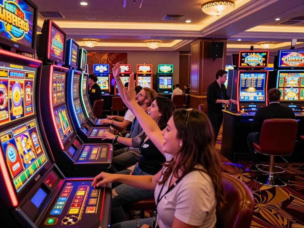 Exciting gaming scene showcasing link gacor in a casino with players engaged, colorful slot machines, and vibrant atmosphere.
