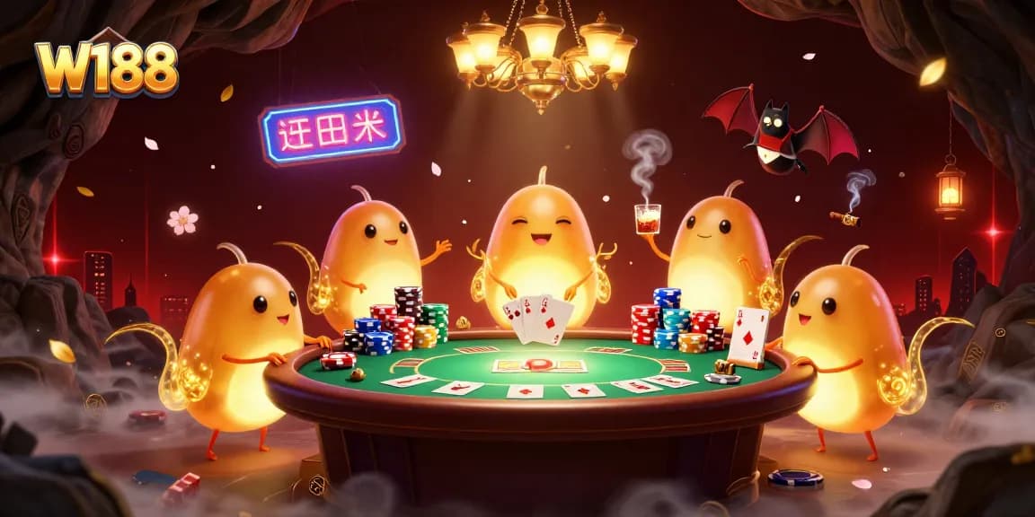 Engage in thrilling gameplay at W188 Casino illuminated by glowing glowworms and sophisticated gaming elements.