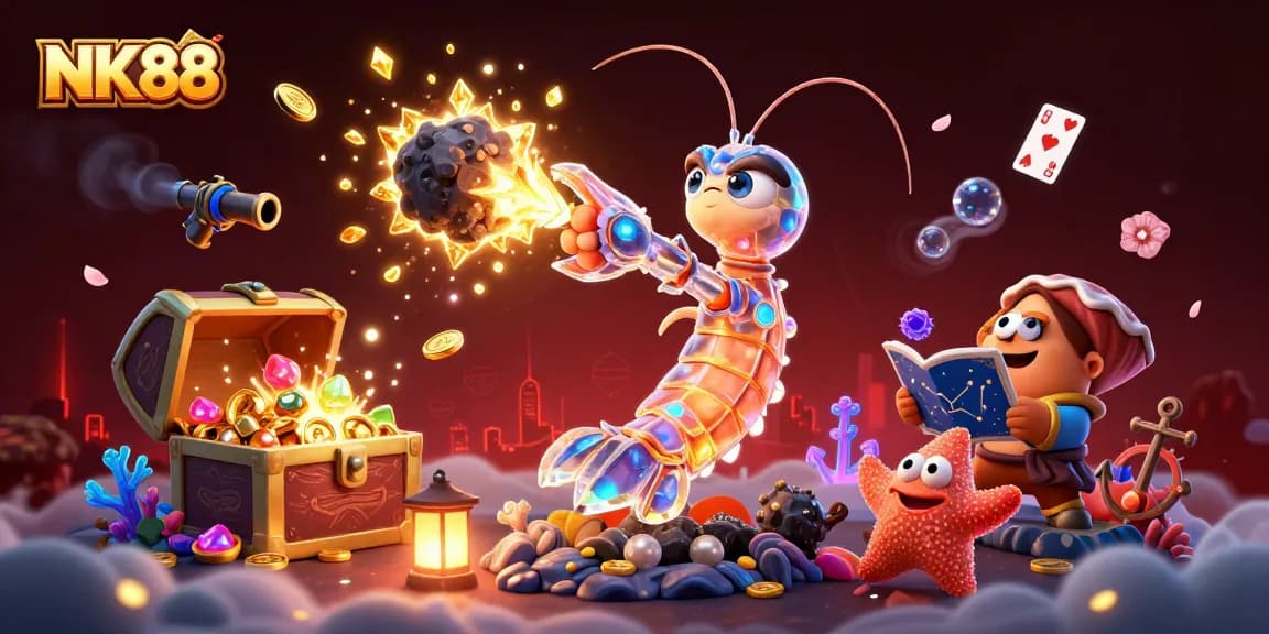 Experience vibrant action in NK88 with characters bursting through treasures, gems, and casino elements.