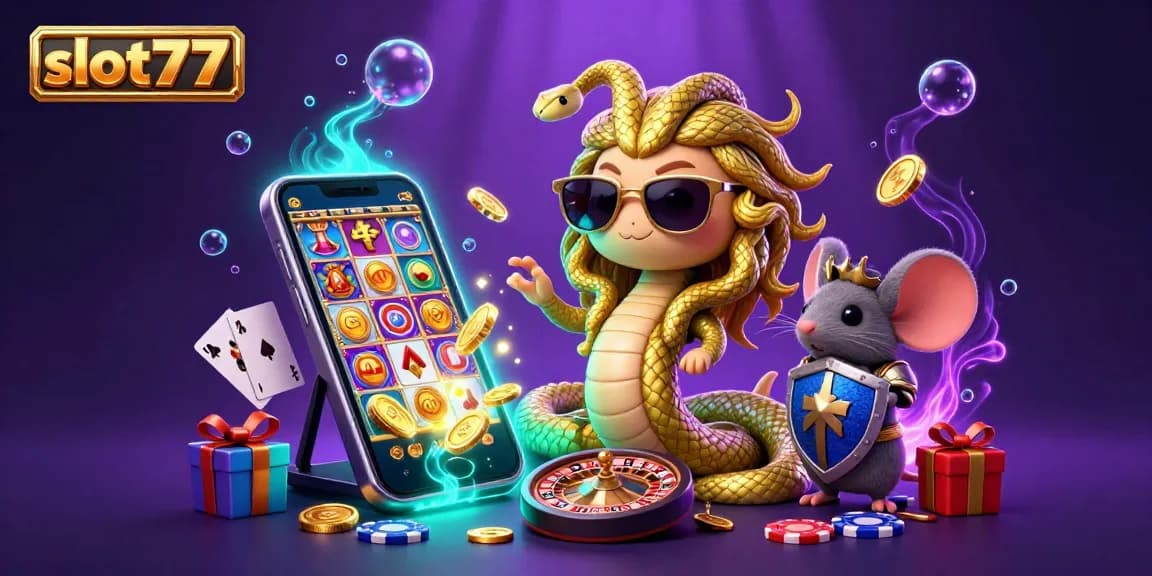 Engage with slot777's thrilling slot games, featuring Medusa and rich casino elements in a colorful scene.