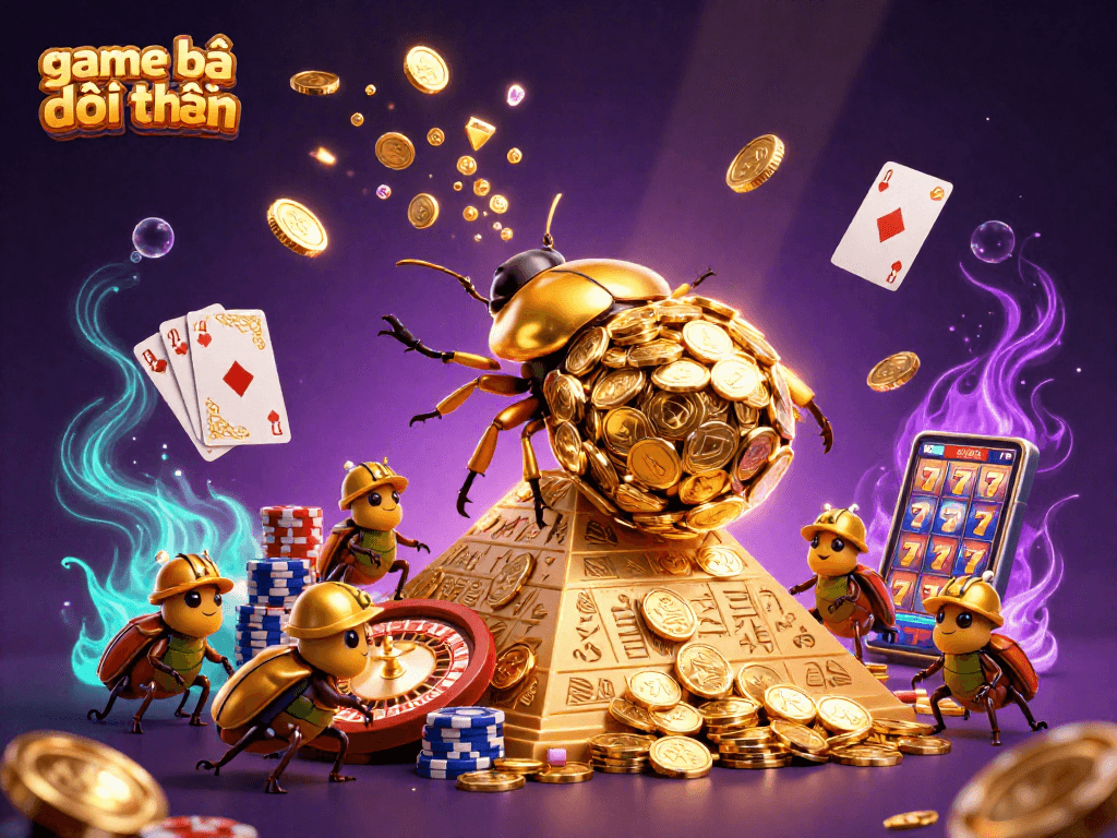 Experience game bài đổi thưởng with a vibrant scene of golden beetles rolling coins and casino symbols.