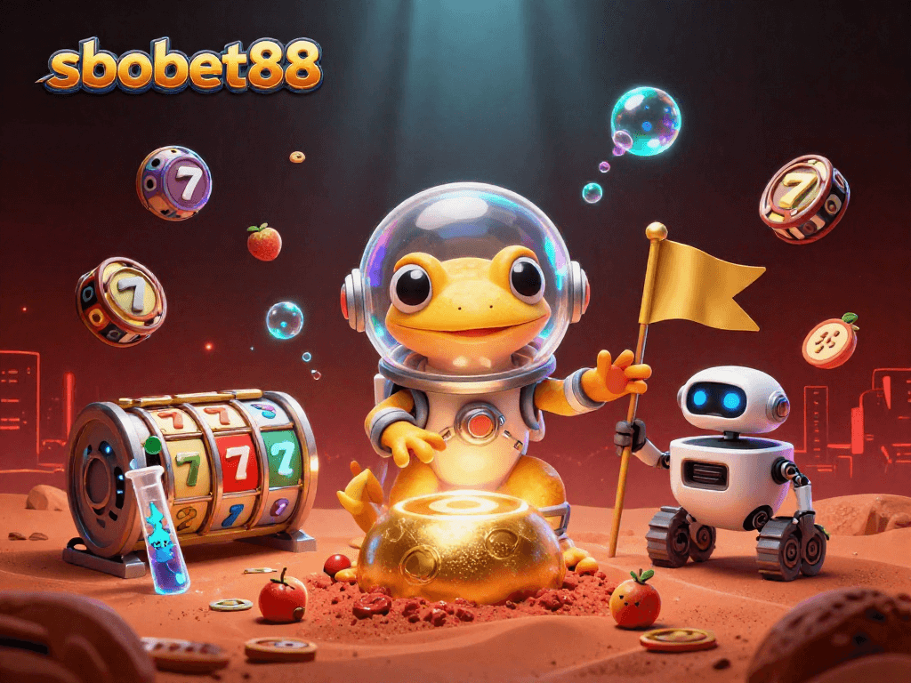 Experience sbobet88 with vibrant 3D cartoon illustration of Martian gecko exploring a golden casino.
