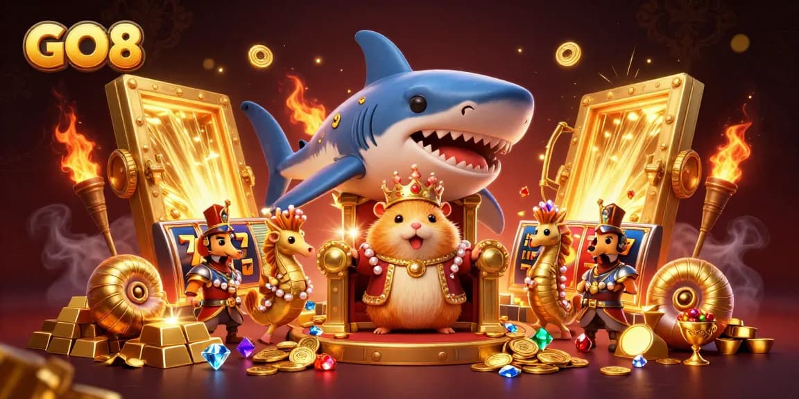 Experience thrilling jackpots at GO8 with a vibrant 3D casino scene featuring a golden hamster king and treasure.