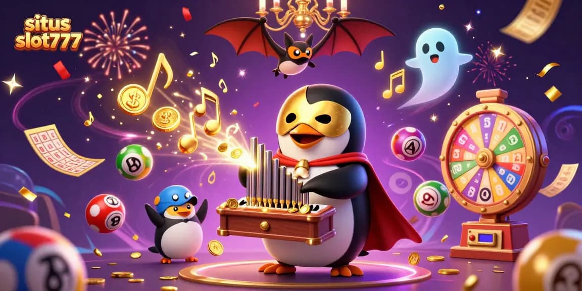Situs slot777 presents a vibrant casino scene with a penguin playing organ and gold coins flying.