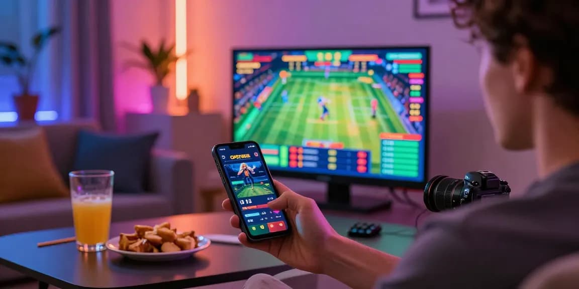 Player engaging with OPEN88 app in a lively gaming setup with vibrant sports graphics.